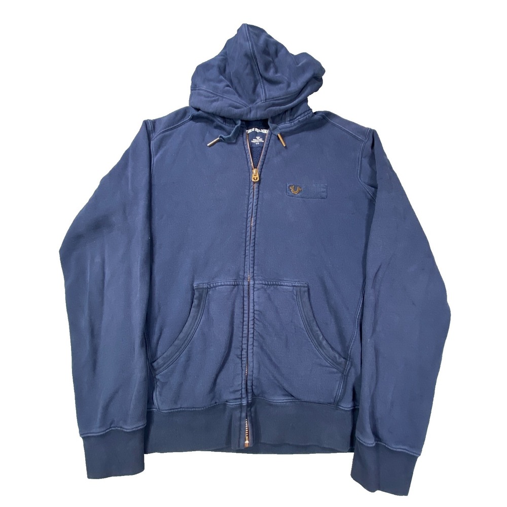 True Religion Hoodie Large Blue Full Zip Sweatshirt Horseshoe Logo Casual‎ Heavy